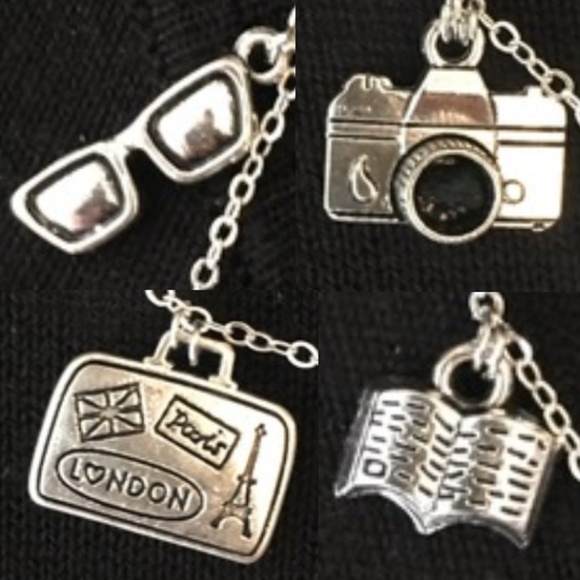 “World Traveler" Handmade Silver Travel Charm Necklace, Suitcase Plane Passport - Picture 2 of 13